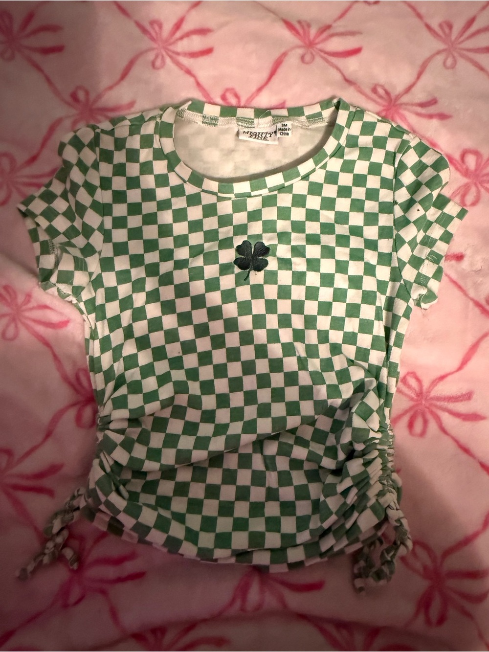 Mighty Fine Green and White Checkered Tee with Clover Accent